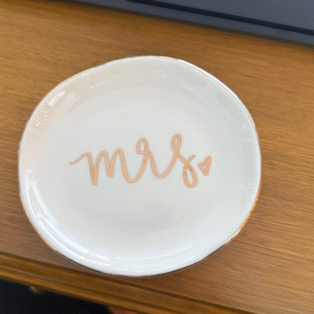 Mrs. Script White and Gold Ring Dish